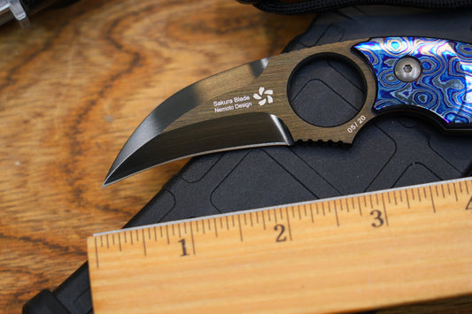 North Mountain Blade Nemoto Claw Fixed Blade Knife Zirconium-Titanium Damascus 2.19" ZDP-189 DLC Blade,  Kydex Sheath