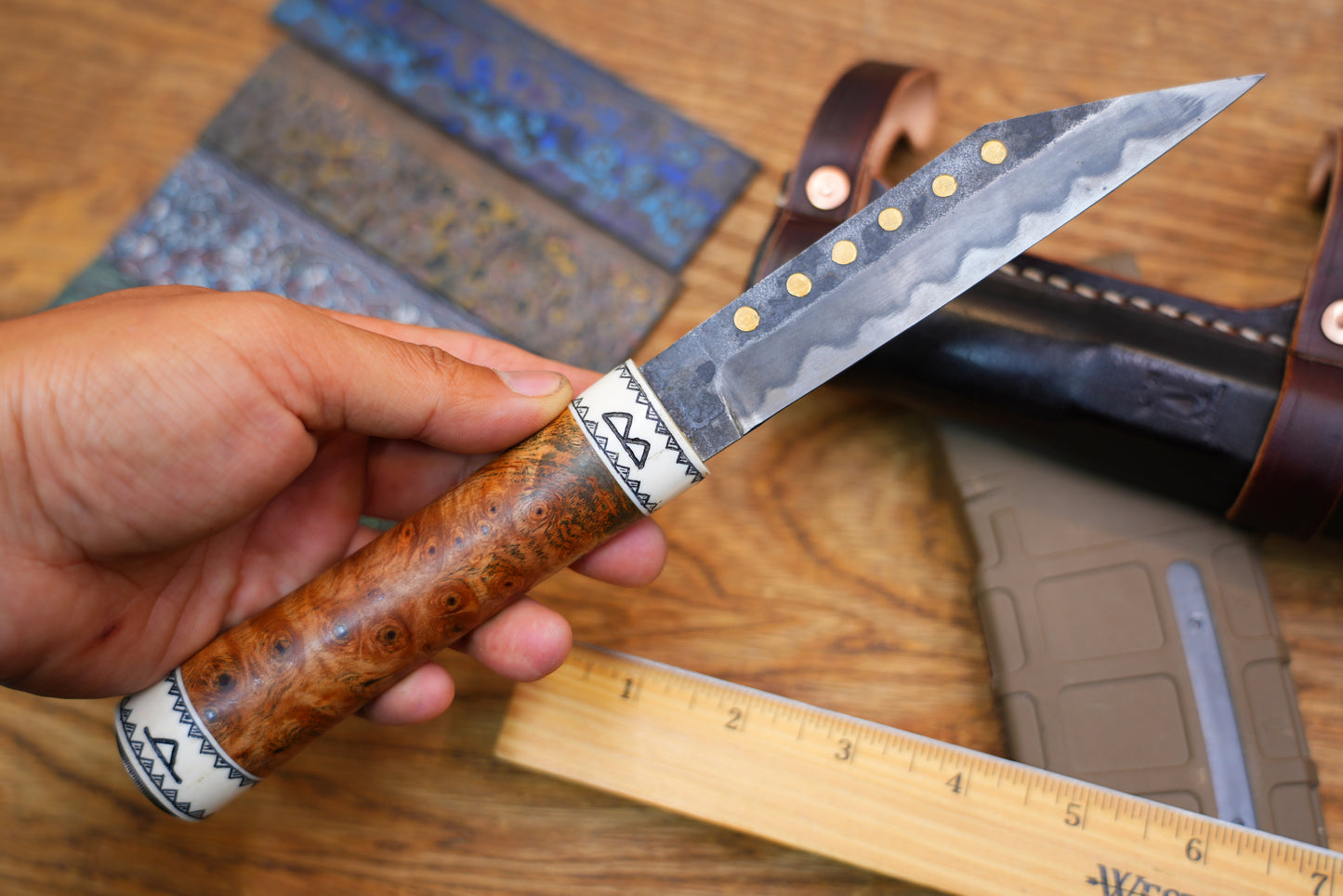 North Mountain Blade Handcrafted Saxon Knife – W2 Hamon Blade with Copper Inlay
