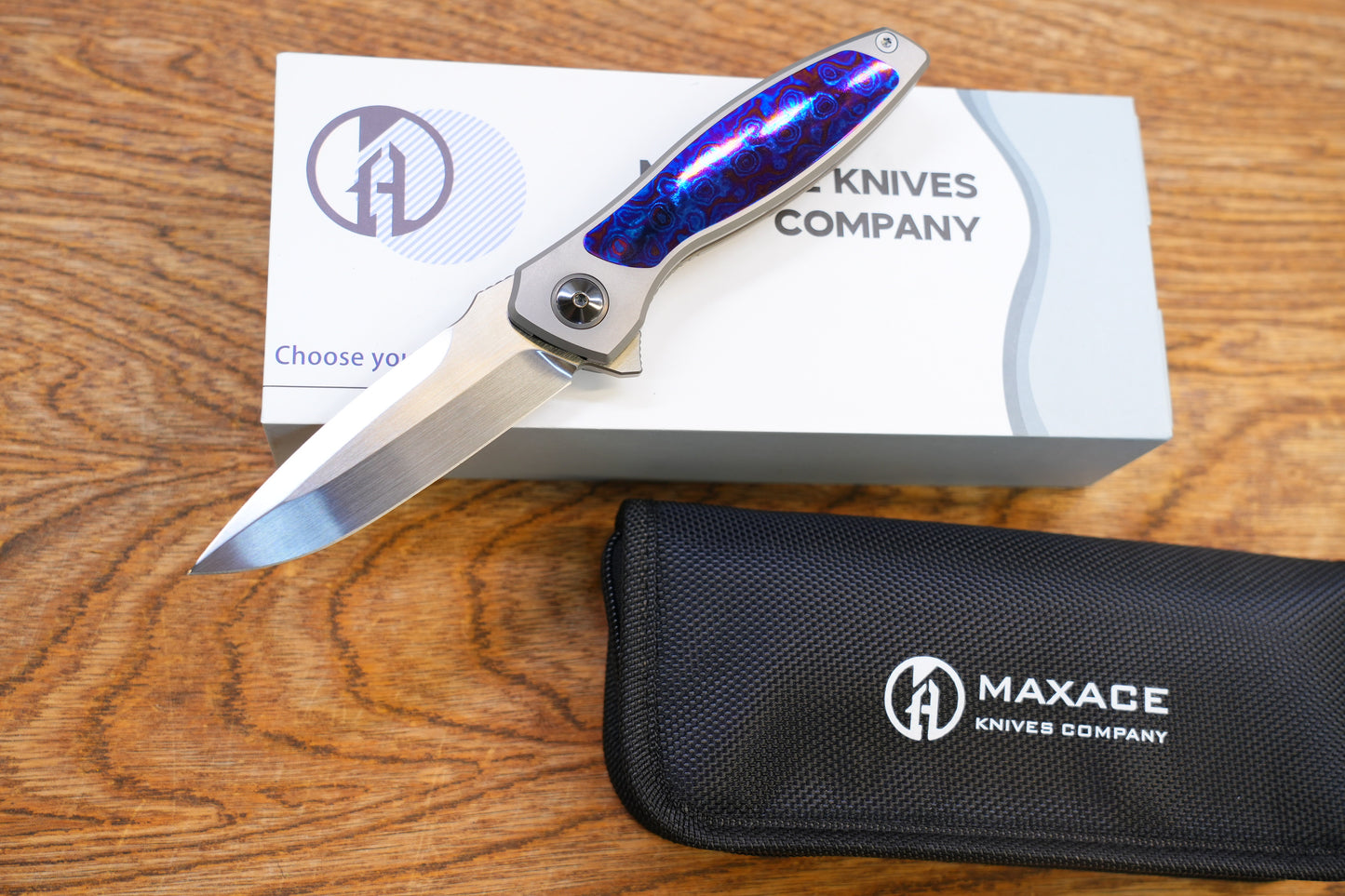 Maxace Perseus Folding Knife Grey Titanium Handle Timascus Inlay Magnacut Steel Blade