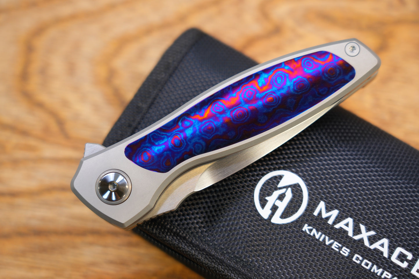 Maxace Perseus Folding Knife Grey Titanium Handle Timascus Inlay Magnacut Steel Blade