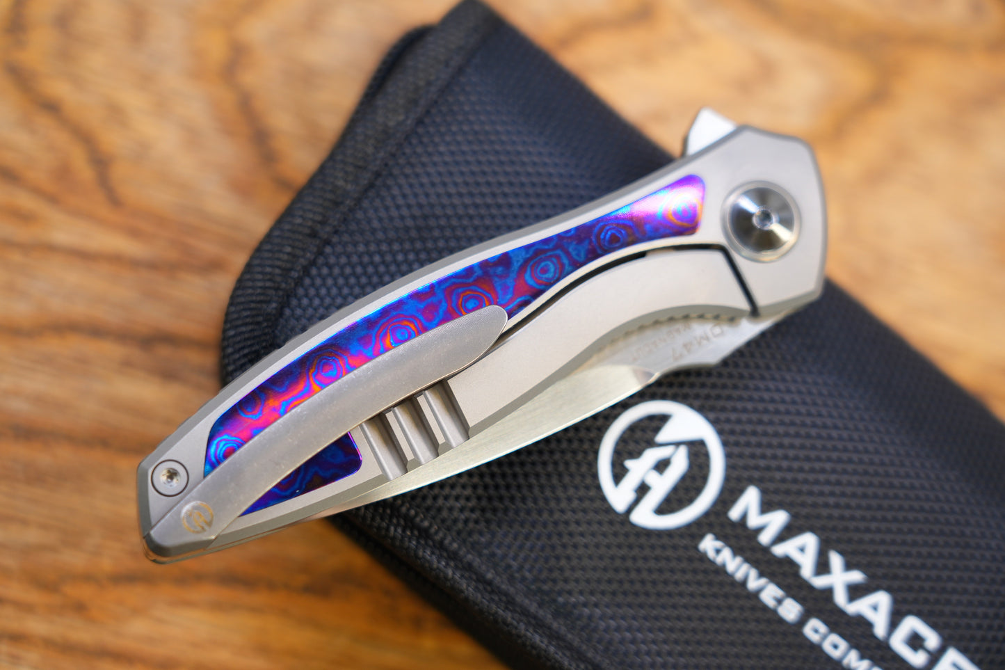 Maxace Perseus Folding Knife Grey Titanium Handle Timascus Inlay Magnacut Steel Blade