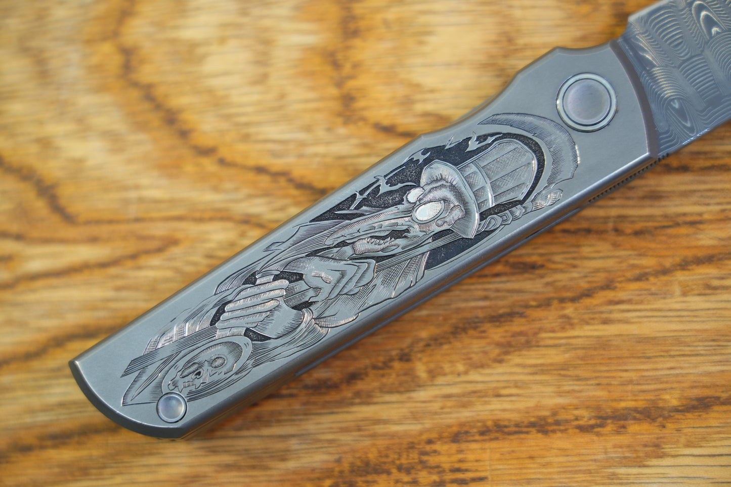 【CHOP】plague doctor Hand Carved Titanium Handle VEGAS Forged Damascus