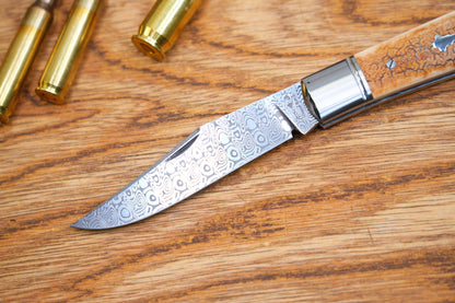 1 Lanny custom handmade Damascus mammoth tusk legal non-locking pocket knife