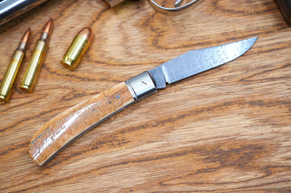 1 Lanny custom handmade Damascus mammoth tusk legal non-locking pocket knife