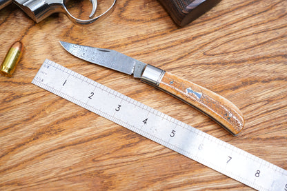 1 Lanny custom handmade Damascus mammoth tusk legal non-locking pocket knife