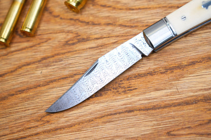 4 Lanny custom handmade Damascus mammoth tusk legal non-locking pocket knife