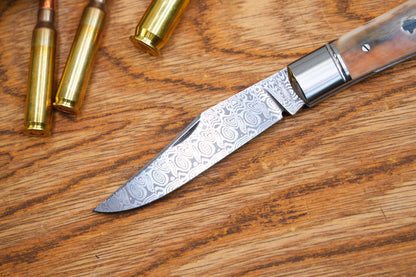 8 Lanny custom handmade Damascus mammoth tusk legal non-locking pocket knife
