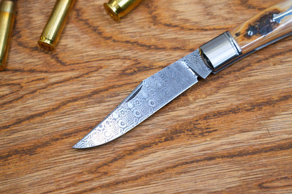 12 Lanny custom handmade Damascus mammoth tusk legal non-locking pocket knife