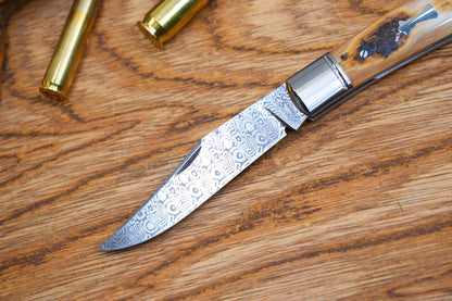 12 Lanny custom handmade Damascus mammoth tusk legal non-locking pocket knife