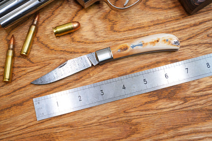 14 Lanny custom handmade Damascus mammoth tusk legal non-locking pocket knife
