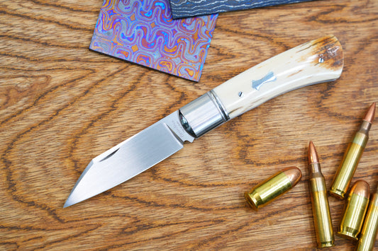 North Mountain Traditional Series – Handcrafted Sheepsfoot Pocket Knife with Mammoth Ivory Handle, Steel Frame, Non-Locking, M390 Blade with Hand-Satin Finish