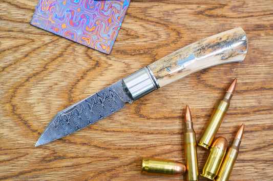 1 North Mountain Traditional Series – Handcrafted Sheepsfoot Pocket Knife with Mammoth Ivory Handle, Steel Frame, Non-Locking,  Damasteel® – Swedish Powder Metallurgy Damascus Blade