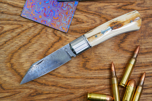 2 North Mountain Traditional Series – Handcrafted Sheepsfoot Pocket Knife with Mammoth Ivory Handle, Steel Frame, Non-Locking,  Damasteel® – Swedish Powder Metallurgy Damascus Blade