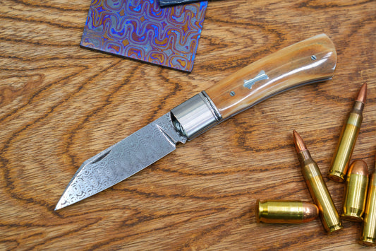 3 North Mountain Traditional Series – Handcrafted Sheepsfoot Pocket Knife with Mammoth Ivory Handle, Steel Frame, Non-Locking,  Damasteel® – Swedish Powder Metallurgy Damascus Blade