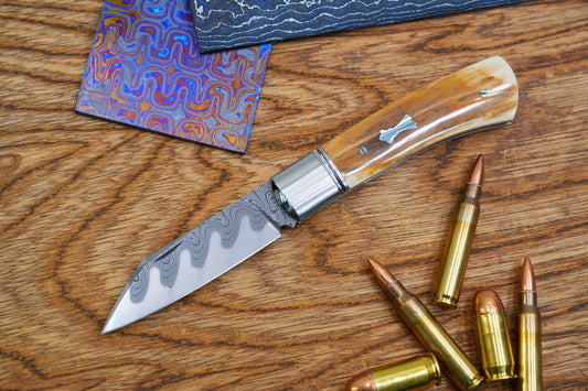 4 North Mountain Traditional Series – Handcrafted Sheepsfoot Pocket Knife with Mammoth Ivory Handle, Steel Frame, Non-Locking, Mike Norris stainless steel Damascus, steel made in Kentucky, USA.