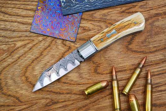 5 North Mountain Traditional Series – Handcrafted Sheepsfoot Pocket Knife with Mammoth Ivory Handle, Steel Frame, Non-Locking, Mike Norris stainless steel Damascus, steel made in Kentucky, USA.