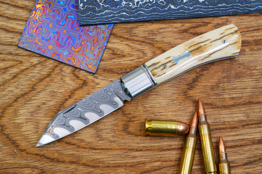 6 North Mountain Traditional Series – Handcrafted Sheepsfoot Pocket Knife with Mammoth Ivory Handle, Steel Frame, Non-Locking, Mike Norris stainless steel Damascus, steel made in Kentucky, USA.