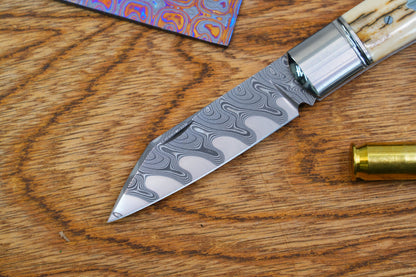 6 North Mountain Traditional Series – Handcrafted Sheepsfoot Pocket Knife with Mammoth Ivory Handle, Steel Frame, Non-Locking, Mike Norris stainless steel Damascus, steel made in Kentucky, USA.