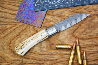 6 North Mountain Traditional Series – Handcrafted Sheepsfoot Pocket Knife with Mammoth Ivory Handle, Steel Frame, Non-Locking, Mike Norris stainless steel Damascus, steel made in Kentucky, USA.
