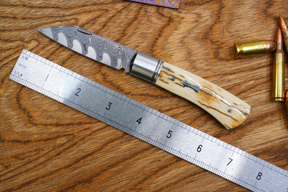 6 North Mountain Traditional Series – Handcrafted Sheepsfoot Pocket Knife with Mammoth Ivory Handle, Steel Frame, Non-Locking, Mike Norris stainless steel Damascus, steel made in Kentucky, USA.