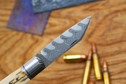 6 North Mountain Traditional Series – Handcrafted Sheepsfoot Pocket Knife with Mammoth Ivory Handle, Steel Frame, Non-Locking, Mike Norris stainless steel Damascus, steel made in Kentucky, USA.