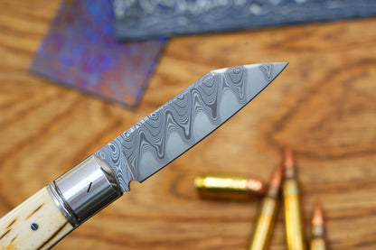 6 North Mountain Traditional Series – Handcrafted Sheepsfoot Pocket Knife with Mammoth Ivory Handle, Steel Frame, Non-Locking, Mike Norris stainless steel Damascus, steel made in Kentucky, USA.