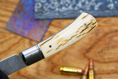 6 North Mountain Traditional Series – Handcrafted Sheepsfoot Pocket Knife with Mammoth Ivory Handle, Steel Frame, Non-Locking, Mike Norris stainless steel Damascus, steel made in Kentucky, USA.