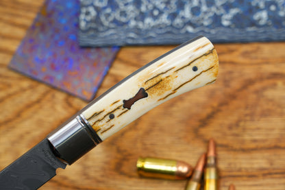 6 North Mountain Traditional Series – Handcrafted Sheepsfoot Pocket Knife with Mammoth Ivory Handle, Steel Frame, Non-Locking, Mike Norris stainless steel Damascus, steel made in Kentucky, USA.