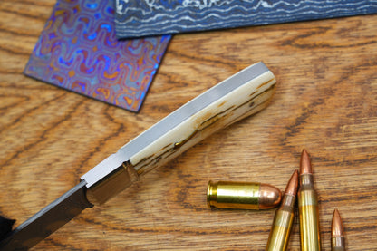 6 North Mountain Traditional Series – Handcrafted Sheepsfoot Pocket Knife with Mammoth Ivory Handle, Steel Frame, Non-Locking, Mike Norris stainless steel Damascus, steel made in Kentucky, USA.