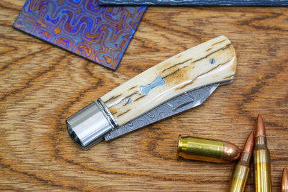 6 North Mountain Traditional Series – Handcrafted Sheepsfoot Pocket Knife with Mammoth Ivory Handle, Steel Frame, Non-Locking, Mike Norris stainless steel Damascus, steel made in Kentucky, USA.