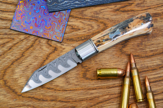 7 North Mountain Traditional Series – Handcrafted Sheepsfoot Pocket Knife with Mammoth Ivory Handle, Steel Frame, Non-Locking, Mike Norris stainless steel Damascus, steel made in Kentucky, USA.