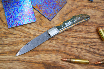 1 Swift Mammoth Tusk Fancy Legal Steel Frame Damascus Steel No Lock Handmade Pocket Knife