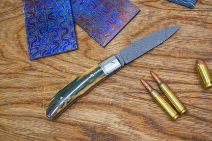 1 Swift Mammoth Tusk Fancy Legal Steel Frame Damascus Steel No Lock Handmade Pocket Knife