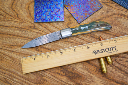 1 Swift Mammoth Tusk Fancy Legal Steel Frame Damascus Steel No Lock Handmade Pocket Knife