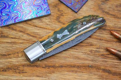 1 Swift Mammoth Tusk Fancy Legal Steel Frame Damascus Steel No Lock Handmade Pocket Knife