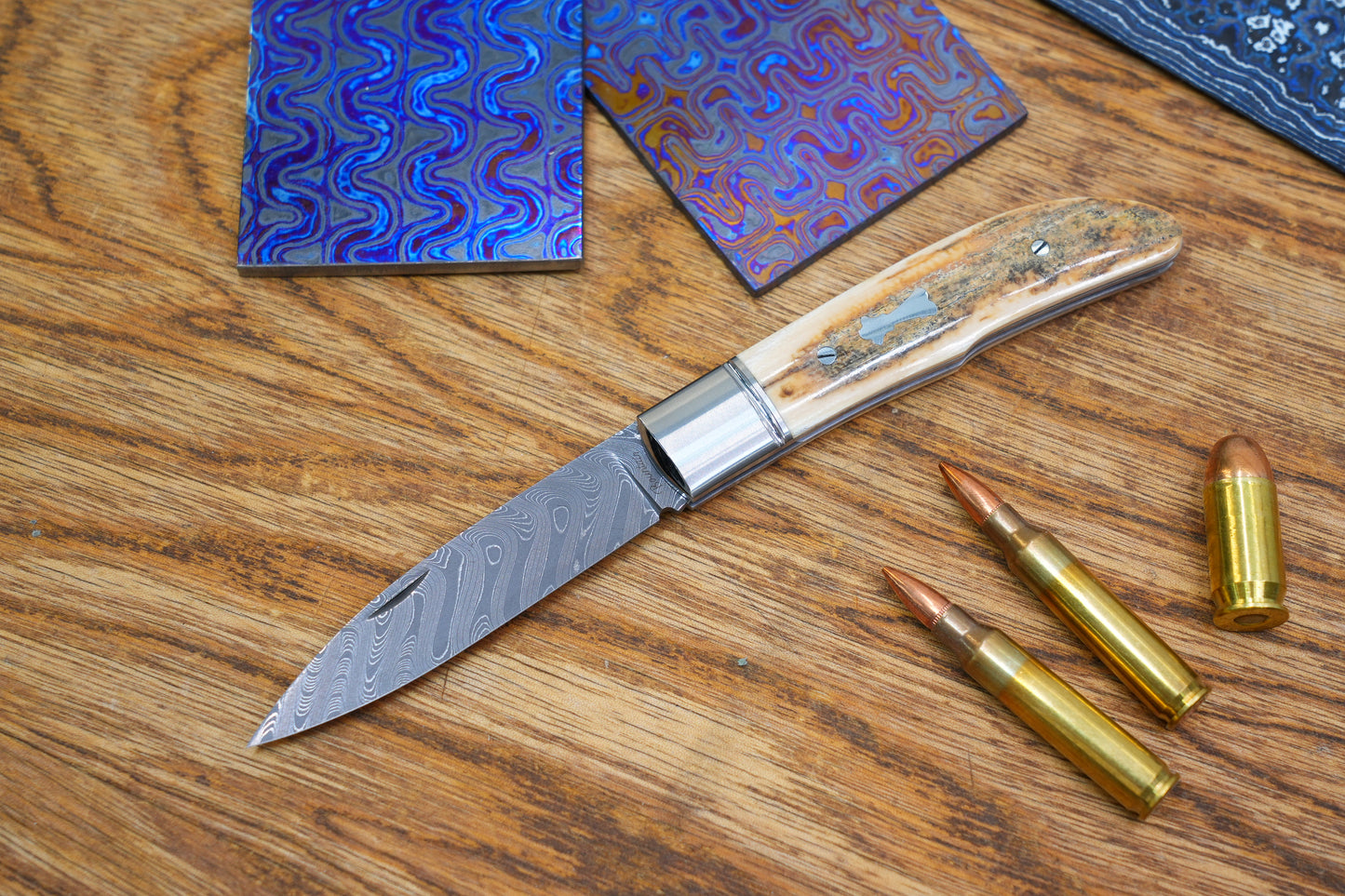 2 Swift Mammoth Tusk Fancy Legal Steel Frame Damascus Steel No Lock Handmade Pocket Knife