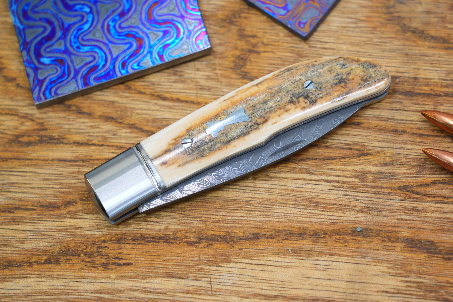 2 Swift Mammoth Tusk Fancy Legal Steel Frame Damascus Steel No Lock Handmade Pocket Knife