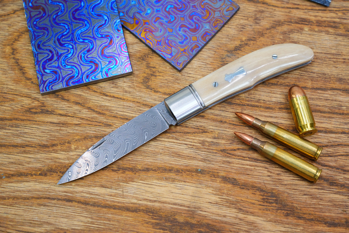 3 Swift Mammoth Tusk Fancy Legal Steel Frame Damascus Steel No Lock Handmade Pocket Knife