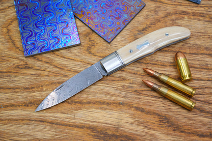 3 Swift Mammoth Tusk Fancy Legal Steel Frame Damascus Steel No Lock Handmade Pocket Knife