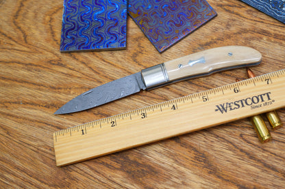 3 Swift Mammoth Tusk Fancy Legal Steel Frame Damascus Steel No Lock Handmade Pocket Knife
