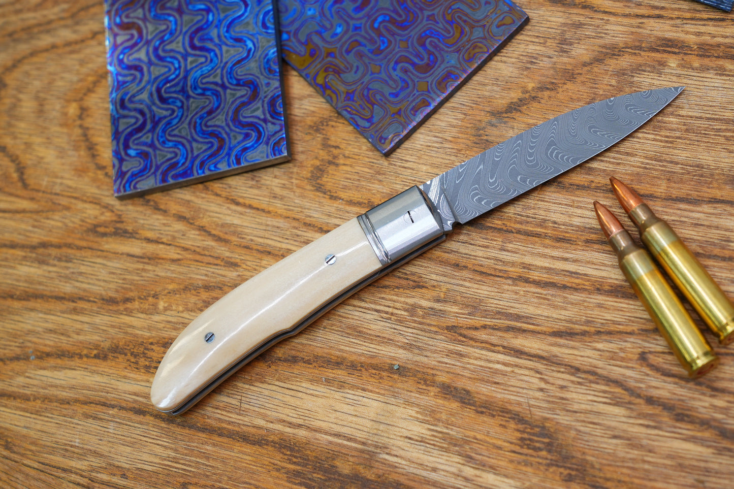 3 Swift Mammoth Tusk Fancy Legal Steel Frame Damascus Steel No Lock Handmade Pocket Knife