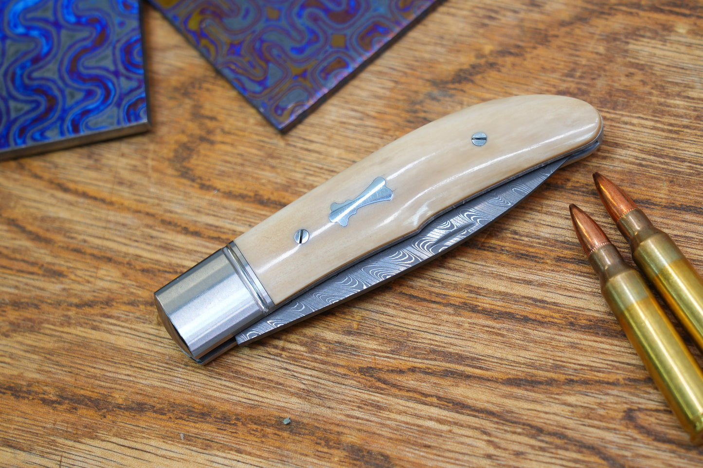 3 Swift Mammoth Tusk Fancy Legal Steel Frame Damascus Steel No Lock Handmade Pocket Knife