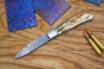 4 Swift Mammoth Tusk Fancy Legal Steel Frame Damascus Steel No Lock Handmade Pocket Knife