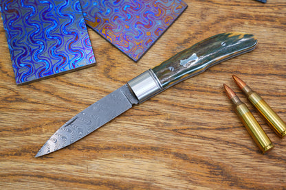 5 Swift Mammoth Tusk Fancy Legal Steel Frame Damascus Steel No Lock Handmade Pocket Knife