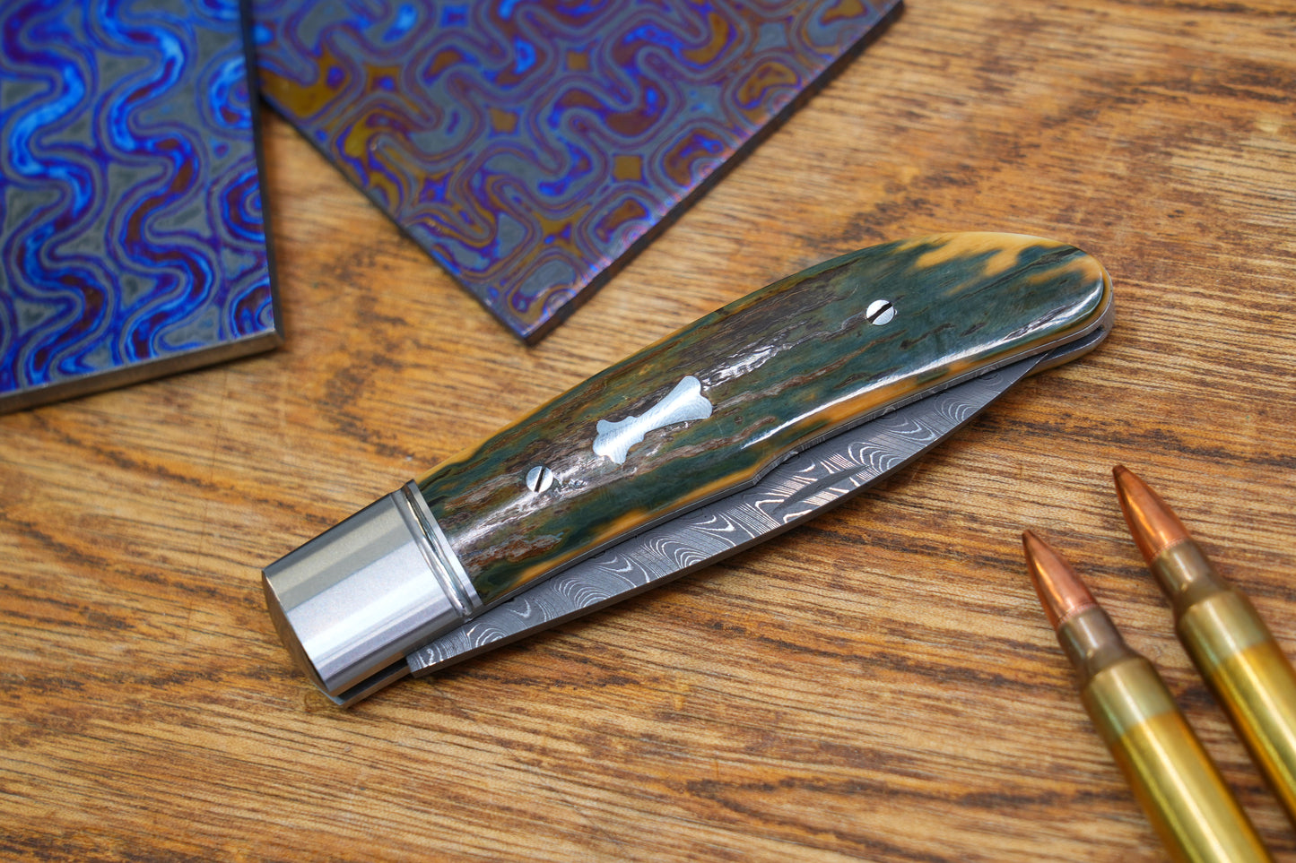 5 Swift Mammoth Tusk Fancy Legal Steel Frame Damascus Steel No Lock Handmade Pocket Knife