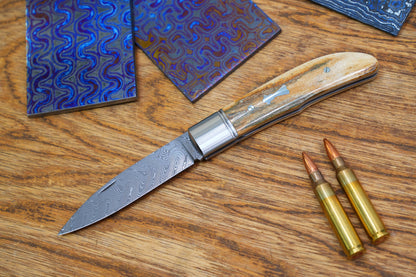 6 Swift Mammoth Tusk Fancy Legal Steel Frame Damascus Steel No Lock Handmade Pocket Knife