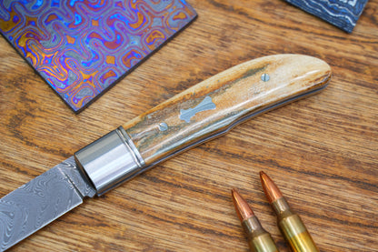 6 Swift Mammoth Tusk Fancy Legal Steel Frame Damascus Steel No Lock Handmade Pocket Knife