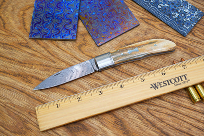 6 Swift Mammoth Tusk Fancy Legal Steel Frame Damascus Steel No Lock Handmade Pocket Knife