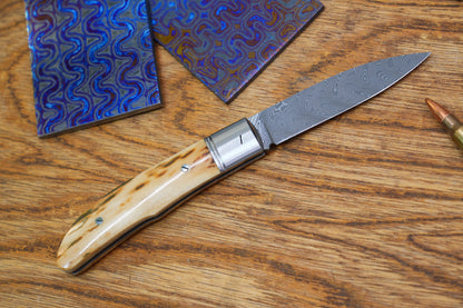 6 Swift Mammoth Tusk Fancy Legal Steel Frame Damascus Steel No Lock Handmade Pocket Knife