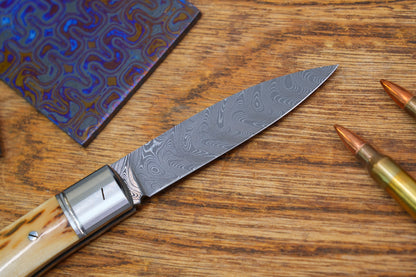 6 Swift Mammoth Tusk Fancy Legal Steel Frame Damascus Steel No Lock Handmade Pocket Knife
